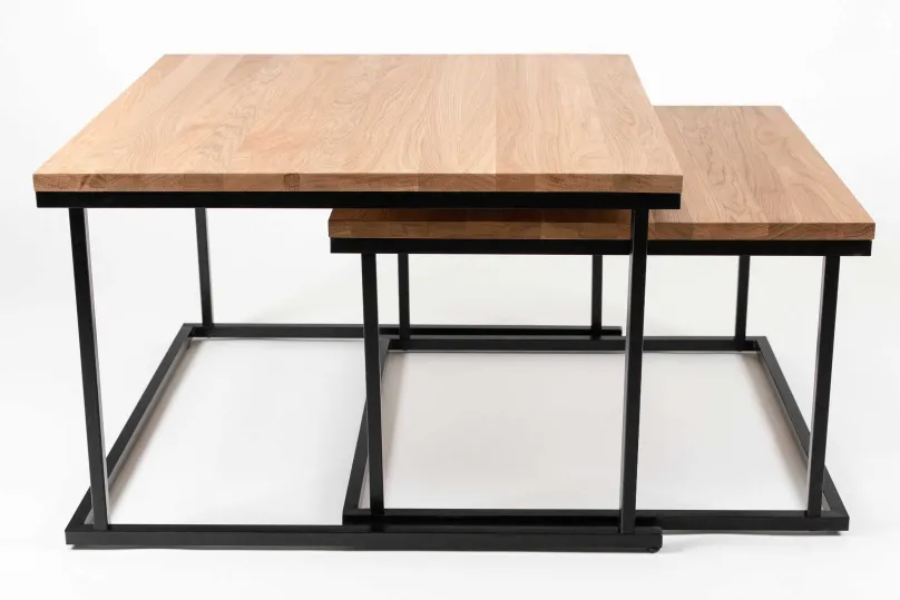 Couchtisch Set quadratisch massiv eiche mit Metallgestell Beistelltische|Couchtische