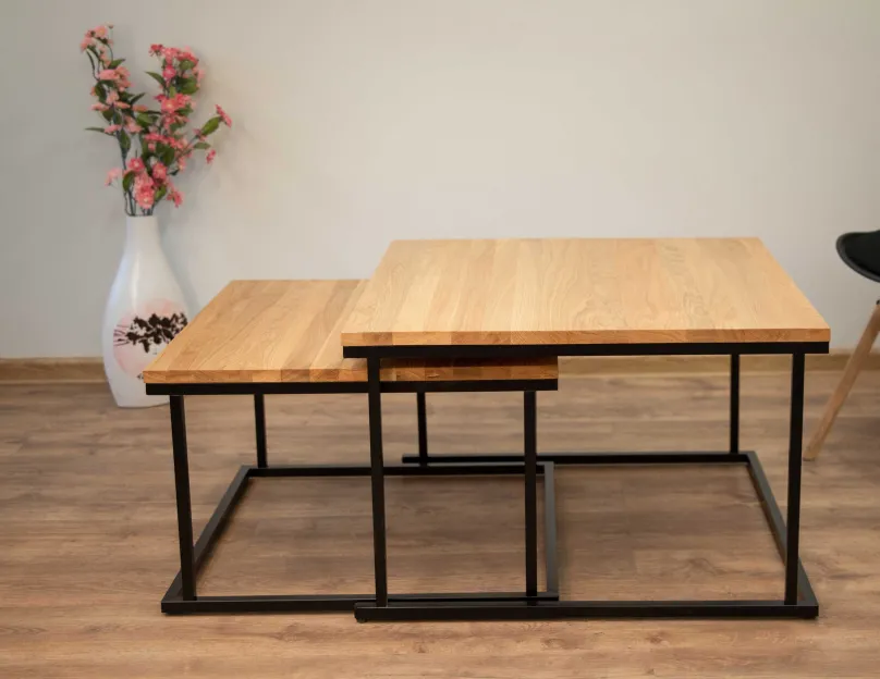 Couchtisch Set quadratisch massiv eiche mit Metallgestell Beistelltische|Couchtische