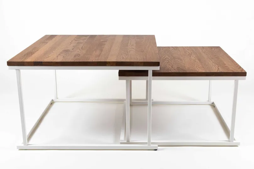 Couchtisch Set quadratisch massiv eiche mit Metallgestell Beistelltische|Couchtische