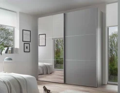 Discount Includo Kleiderschrank grau mit Spiegel Schwebebetürenschränke
