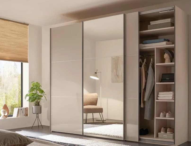 Sale Includo Kleiderschrank Hochglanz mit Spiegel Schwebebetürenschränke