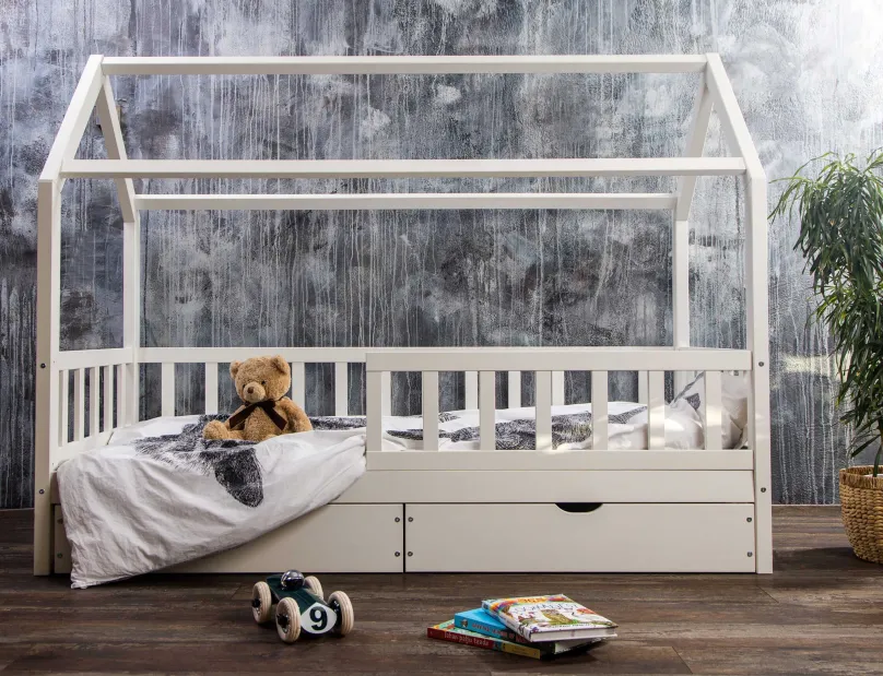 Online Massivholz Hausbett mit Schubkästen in 2 Größen Kinder Kinderbett