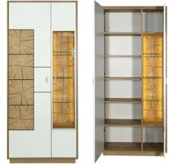 Hot Orbano white Vitrinenschrank mit Hirnholz Applikation weiß / alteiche Vitrinen|Vitrinenschränke