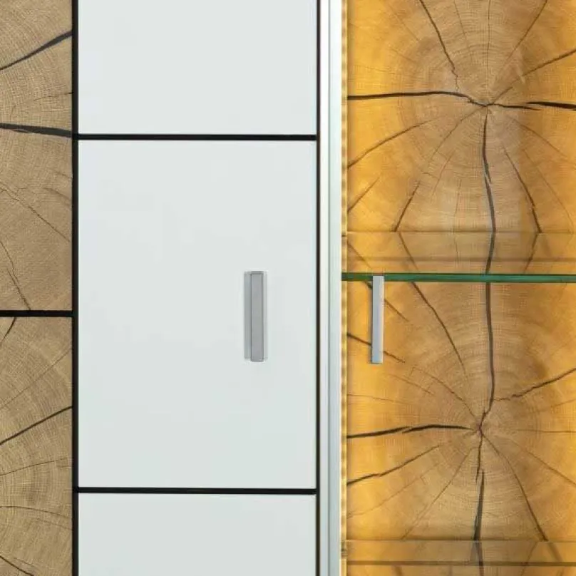 Hot Orbano white Vitrinenschrank mit Hirnholz Applikation weiß / alteiche Vitrinen|Vitrinenschränke