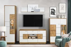 Best Orbano white Wohnwand mit Hirnholz Applikation weiß / alteiche Wohnwände